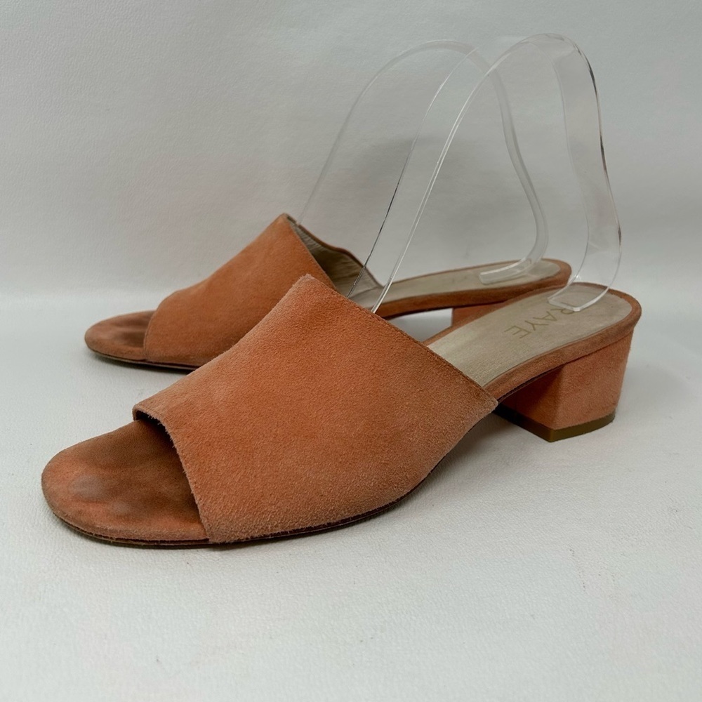 RAYE Peach Suede Open Toe Block Heel Slip On Mule Shoes, Women’s Size 10